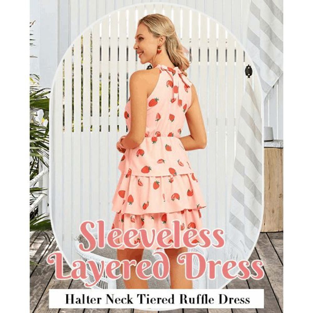 🍓 Strawberry Girly Cute Halter Neck Tiered Layered Ruffle Pink Mini Dress NWT - Picture 8 of 16
